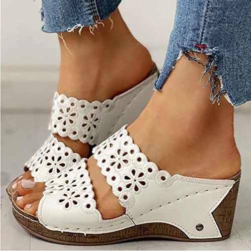 HHZYT Zuecos y Mules de Cuña para Mujer Sandalias Cómoda Plataforma Bordado de Verano con Punta Abierta Zapatillas Zapatos para Caminar en La Playa,Blanco,US9/EU40