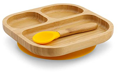 BIOZOYG Bambus-Teller-Set quadratisch I Saugnapf-Teller mit Löffel - FSC-zertifiziert I süßes Bambus Holz-Schüssel-Set Kleinkind - Kinder-Teller & Snack-Schale I Baby Bambus-Geschirr eckig gelb