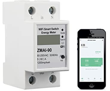 WiFi Smart Energy Monitor Switch Meter, Compatible with Alexa Google Home, Remote Control with Smart Life/Tuya App, Din Rail Tester Current Voltage Amperage Power Meter AC 110-230V 60A Multimeter