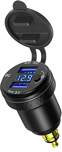 DIN Powerlet Stecker auf Dual Quick Charge 3.0 USB Ladeadapter mit Voltmeter und Schalter für Motorrad Ducati, Triumph, BMW Motorräder (Schwarz)