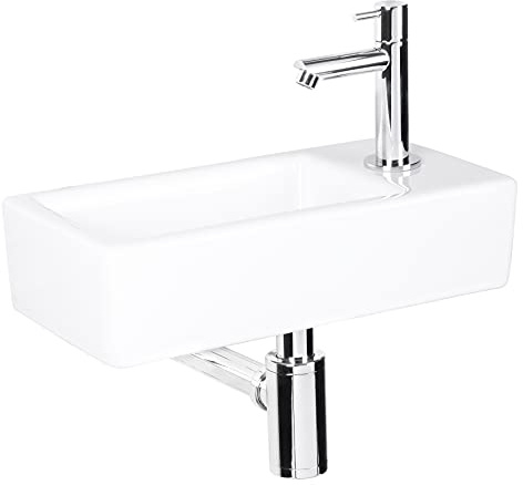 Differnz Helios Waschbecken klein, Handwaschbecken Keramik Weiß, Chrom Armaturen Wasserhahn Rechts, Waschtisch – 37.5 x 18 x 9.5 cm