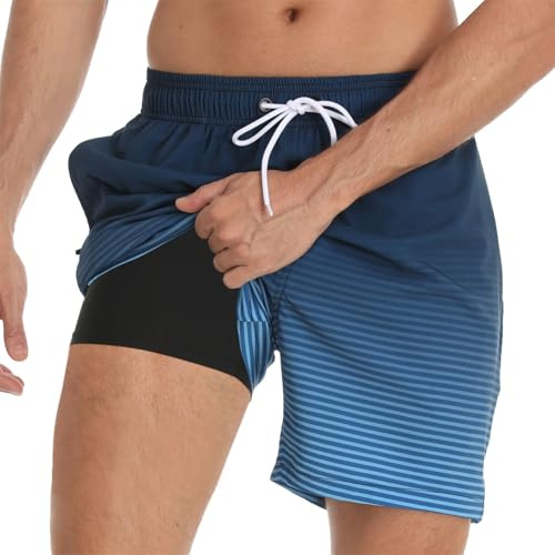 Outfit, vårbadbyxor för män med kompressionsnätfoder, snabbtorkande 2 i 1 shorts, justerbar dragsko väska, simbyxor, boardshorts för strand och surfing