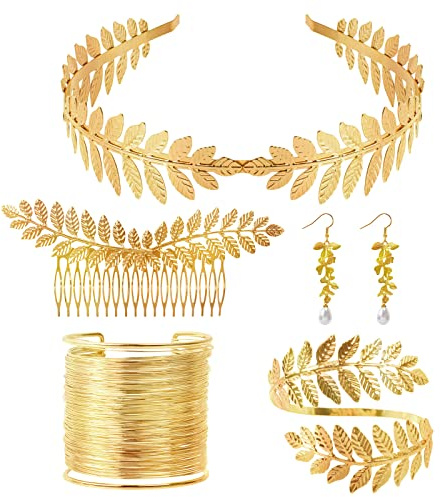 Nswayy 5 Stück Griechische Göttin Kostüm Schmuck Set Hochzeit Brautschmuck Oberarmreif Ohrringe Lorbeerkranz Haarspange Armband Goldene Hochzeit Boho Blatt Haar Krone Accessories Mädchen Damen