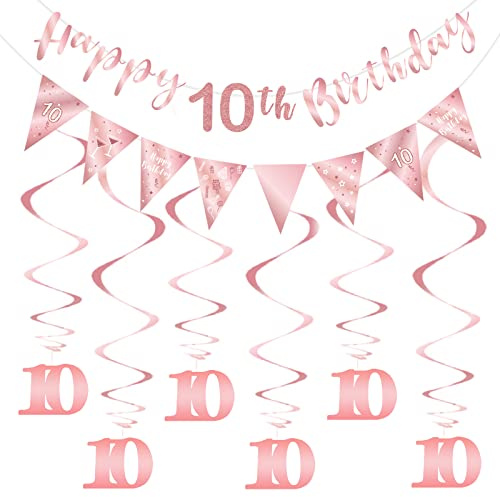 SZHUIHER 10 Geburtstag Dekoration Kit für Mädchen, Happy 10th Banner Wimpelkette Wirbel Luftschlangen, Dreieck Flagge Banner für Partydekorationen, Roségold 10