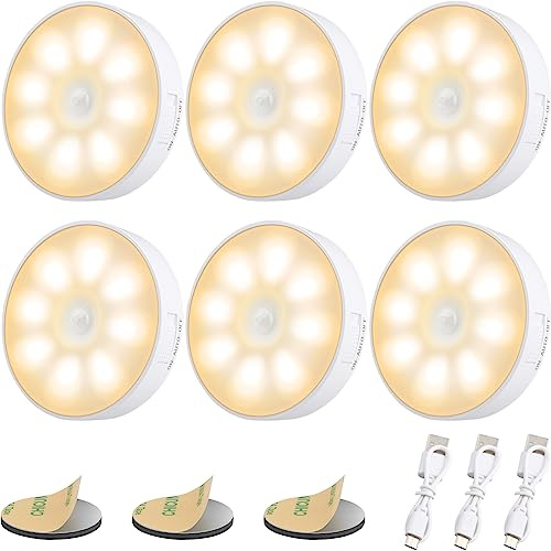 Electight 6 Stück 8 LED Nachtlicht mit Bewegungsmelder, USB Wiederaufladbar | Nachtlampe, 3 Modi Einstellbar, Auto/ON/Off, für Schlafzimmer, Schrank,Toilette, Flure - 3000K Warmweiß