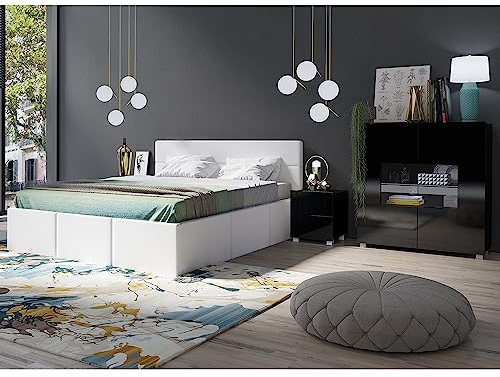 Lomadox Schlafzimmer Set 4-teilig mit Bett 160x200cm, 2 Nachttische, Highboard in schwarz Hochglanz mit weißem Kunstleder Modern