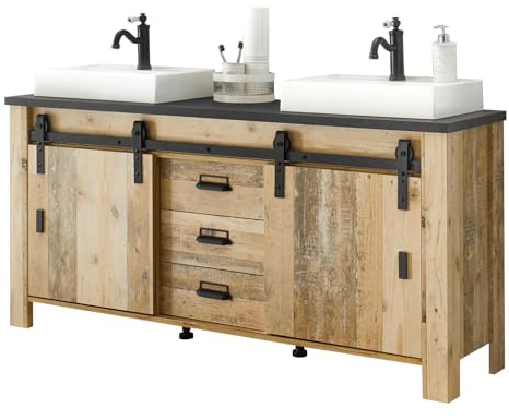 Furn.Design Doppelwaschtisch in Used Wood hell und anthrazit Waschtisch Set inkl. 2 x Waschbecken 164 cm, Stove