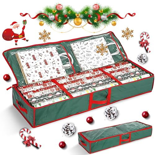 Leikurvo Borsa per carta da regalo, 106 x 35 x 15 cm, resistente agli strappi, panno Oxford 600D, organizer con 3 scomparti per nastri, fiocchi di carta natalizia
