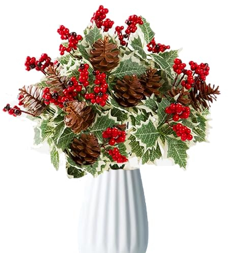 Shitailu Künstliche Weihnachtsblumen, Stechpalme, rote Beeren, Tannenzapfen, Stiele, 30,5 cm lang, für Weihnachtsvase, Zuhause, Garten, Party, Arrangement, Tischdekoration, Kranz und Weihnachtsbaum, 4
