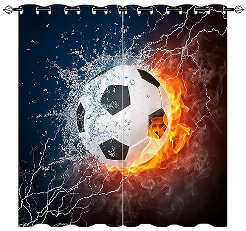 YUANZU Fußball Vorhänge Soccer Ball in Feuer und Wasser Ösen Gardinen mit Blickdichte Vorhang Kälteschutz Blackout Curtain Kinderzimmer Schlafzimmer Verdunkelung Fenster, 2 Stück, H 114 x B 132 cm