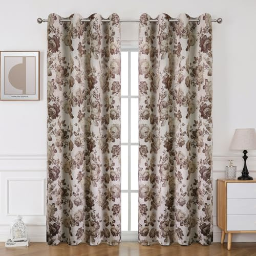 BUHUA 2er-Set Blickdicht Vorhänge mit Blumen Vintage Vorhang Rural Gardinen Ösenvorhang Elegante Verdunkelung für Schlafzimmer Wohnzimmer, H 245 x B 132 cm, Braun Beige