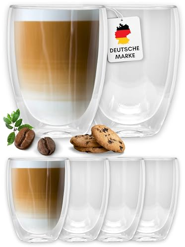 LAPRESO® Latte Macchiato Gläser doppelwandig 6er Set 350ml - Doppelwandige Gläser modernes Design Cappuccino Tassen Teegläser aus Borosilikatglas