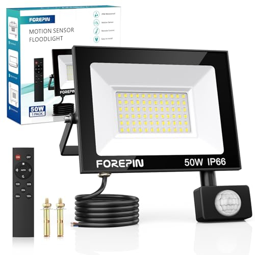 Focos Led Exterior con Sensor de Movimiento, 50W Foco Proyector LED con Control Remoto IP66 Impermeable 4500LM 6500K Blanco Frío para Exterior, Interior, Jardín, Garaje, Patio, Terraza