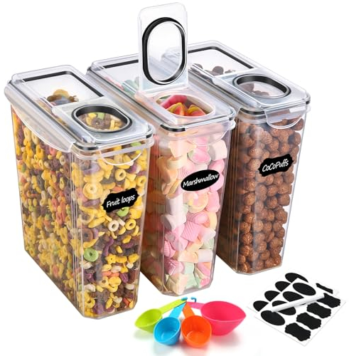 YASHE Cereal Storage Containers, 3Pcs Cereal Containers with Lids Airtight, Durable Food Grade Cereal Dispenser BPA-Free Plastic Food Storage Containers with 16 Labels & 1 Marker