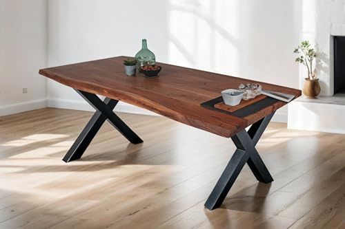 SAM Esstisch 140 x 80 cm Tomaso, Baumkantentisch nussbaumfarben, Akazienholz massiv, X-Gestell aus Metall Schwarz, echte Baumkante