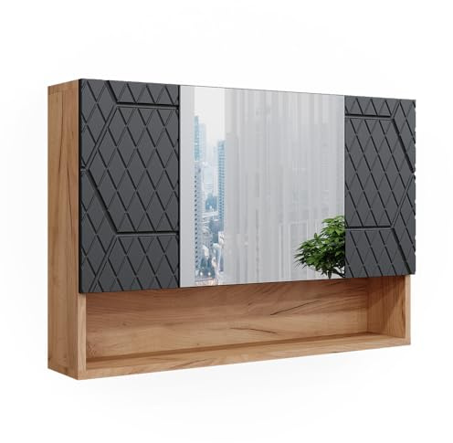 Vicco Badspiegelschrank Irma, Anthrazit mit Wabenstruktur, 80.1 x 55 cm | mit Spiegel und offenen Ablageflächen zur Wandmontage