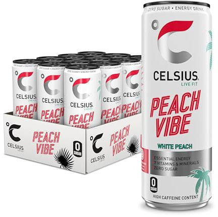 CELSIUS Peach Vibe - Sparkling Natural Energy Drink, 7 Vitamins, Caffeine, No Artificial Colours, Sugar Free Energy Drinks, Peach, 355 mL, 12-Pack