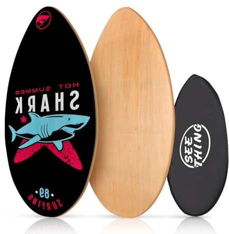 seething Skimboard aus Holz mit Hochglanzbeschichtung, für Anfänger, Kinder, Jugendliche, Erwachsene und alle Skimming-Skimming, schwarzer Hai, 89,9 cm