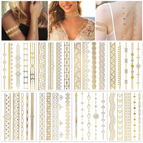 HOWAF 8 Blätter Gold Temporäre Tattoos Metallic, Glitzer Goldene Fake Tattoos Stickers Flash Tattoo Gold Wasserdicht Tattoo Aufkleber Klebetattoos Erwachsene Festival Sticker Frauen Mädchen