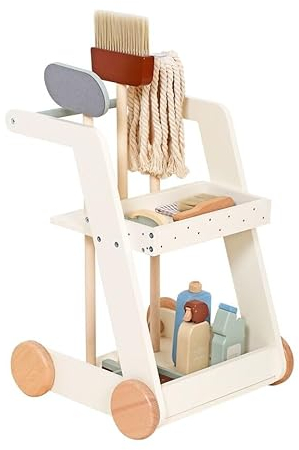 HYGRAD Kids Wooden Cleaning Set Toy Cart Kids Role Play Janitor Cleaning Set Household Pretend Play Childrens Toy Gift Ages 3+ (Design 2)