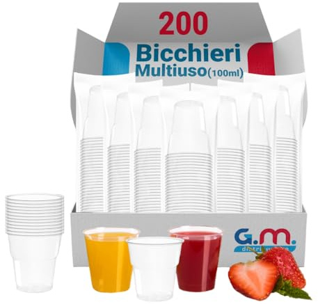 G.M. DISTRIBUZIONE 200 Bicchieri da 100 Ml Trasparenti in PS Riutilizzabile, Lavabili, Per Caffè, Liquori, Amari, Vino, Superalcolici, Bicchieri Multiuso per Bar e Lounge Bar