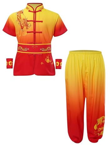Zaldita Jungen Mädchen Tai-Chi Kleidung Kurzarm Kung Fu Oberteile Mit Wushu Hose + Gürtel + Armbänder Taiji Anzug Wing Chun Trainingsanzug Gelb Rot 170-176