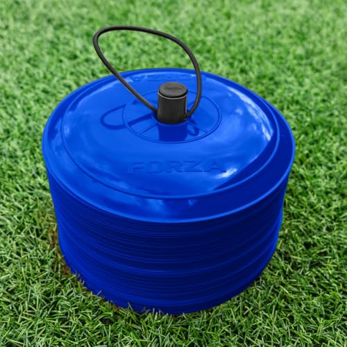 FORZA Nära platta träningsmarkörer [10-pack] | 50-pack med 23 cm breda, ultrahållbara koner – perfekt för fotboll, rugby, hockey och mer (elektrisk blå)