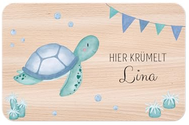 wunderwunsch - Personalisiertes Holzbrett mit Hochwertigem Spezial-Druck für Kinder - Personalisiertes Frühstücksbrettchen - Niedliche Motiv-Brettchen mit Namen (Schildkröte Girlande)