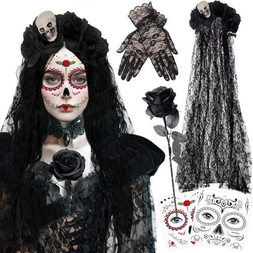 TIGcccwe Cerchietto Giorno dei Morti Rose,100CM Velo per Halloween con Rose,Guanti e Tatuaggi per il Viso di Halloween per Accessori per Costume di HAlloween per il Viso Donna (Nero)