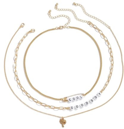 Epinki Herren Kette Anhänger, Partnerketten Mehrschichtige mit Buchstaben, Edelstahl Panzerkette Silber, 52CM