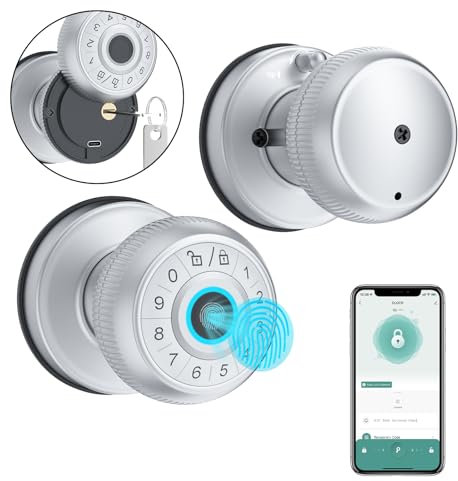 Fingerprint Door Lock, Smart Fingerprint Door Knob with Keypad, Biometric Door Lock with App Control, Auto Lock with Code, Keyless Door Knob with Lock for Bedroom, Home,Office-Silver