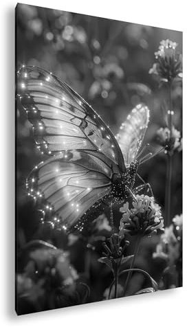 Ein Schmetterling leuchtet magisch im Zwielicht, funkelnd auf zarten Blüten. Format:90x60 cm Effekt:Schwarz&Weiß als Leinwandbild, Motiv fertig gerahmt auf Echtholzrahmen, Hochwertiger Digitaldruck