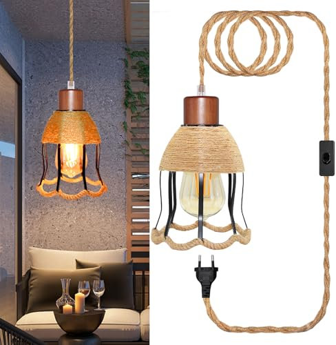 Kit di Lampadario a Corda di Canapa con 500 CM Cavo, Portalampada E27 Corda con Spina, Inclusi Fiore Forma Paralume, Lampadario Corda Canapa, Lampada Sospensione, Industriale Stile