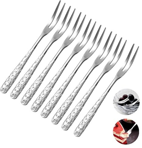 8Pack Hammered SUS304 Stainless Steel Mini Fruit Fork,Two Prong Fork, Appetizer Forks,Bistro Cocktail Salad Forks with Storage Box (5inch) (Hammered Style)