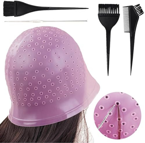 Scettar 5 Piezas Gorro de Tinte Highlight Caps Gorro para Mechas Gorro Suave y Duradero Mechas Peluqueria De Silicona Gorras para Mechones de Pelo de Silicona con Ganchillo de Metal con Peine Cepillos