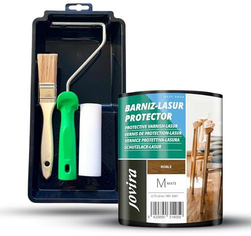 JOVIRA PINTURAS Vernice - Lasur protettiva opaca a base d'acqua e mini secchio, rullo in schiuma, manico e pennello (750 ml, Quercia + Kit Vernice-Lasur) D-21-K