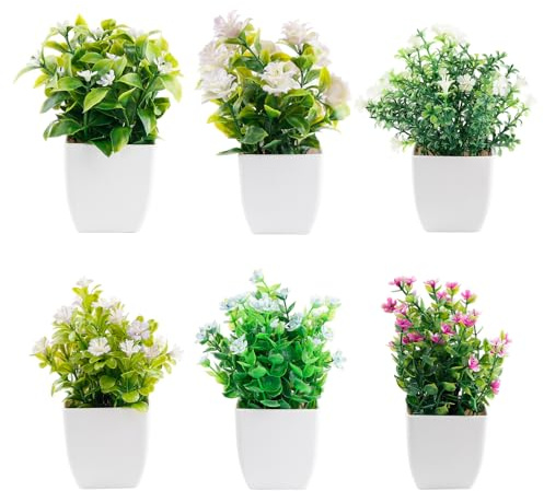 6 Pièces Mini Plantes Artificielle Verdure Plastique Faux Plantes avec Pot | Petite Plante Artificielle Interieur, Petites Plantes en Pot, Plante Artificielle pour Bureau, Maison, Balcon et Salle Bain