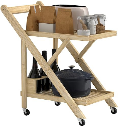 HOMCOM Desserte de Cuisine en Bambou, Chariot de Service Pliable, avec 2 Plateaux, 4 Roues, 3 casiers à vin, 66 x 40 x 70 cm, Bois Naturel