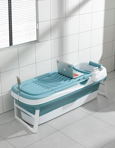 Vikbart badkar för vuxna, perfekt för små badrum (blå med lock – 158 cm)