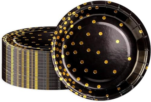 BOKFJBP Pappteller-50 Stück Partyteller Schwarzes Goldfolien-Tellerset 23cm Partygeschirr Set Abendessen Einwegteller Geschirr für Abschlussfeier Hochzeit Einweihungsparty Kindergeburtstag Party