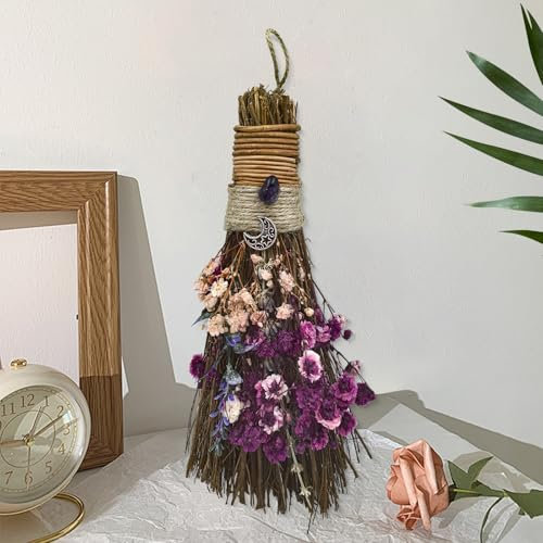 19cm Escoba de Canela, Mini Escobas Decorativa para Fiesta Temática con Flores Secas Escoba de Bruja Retablos Wicca Cristal Mágico Natural, Accesorio para Ceremonias Mágicas, Púrpura