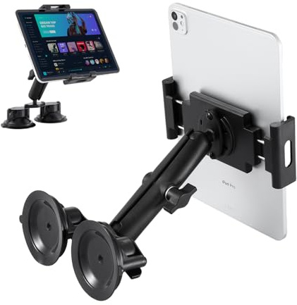 Aluminium-Tablet-Halterung mit doppeltem Saugnapf für LKW, Auto/Boot, Windschutzscheibe, Tablet-Ständer passend für iPad Air 13 Zoll, iPad Pro 12,9 Zoll und andere 11,9–38,1 cm Tablets, Befestigung am