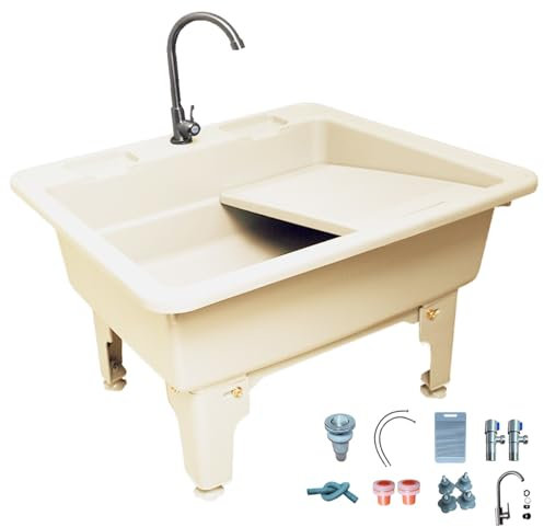 Lavadero Pila Exterior con Tabla de Lavar y Grifo Giratorio de 360°, Lavamanos Portatil de Gran Capacidad, Fabricado en PP. Ideal para Lavandería, Garaje, Balcón y Mascotas(White,68cm/27in)