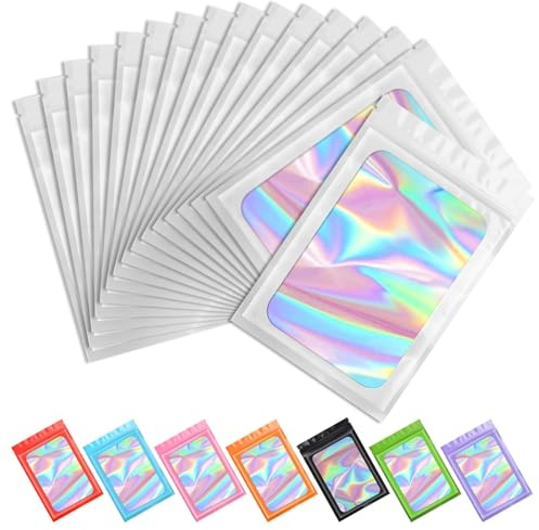Funfery 100 pcs White Mylar Holographic Bags Packaging Bags,Clear Resealable Bag Foil Pouch Bag for Food Storage and Lipgloss,Jewelry,Eyelash Packaging for Small Business(2.4x3.9Inch)