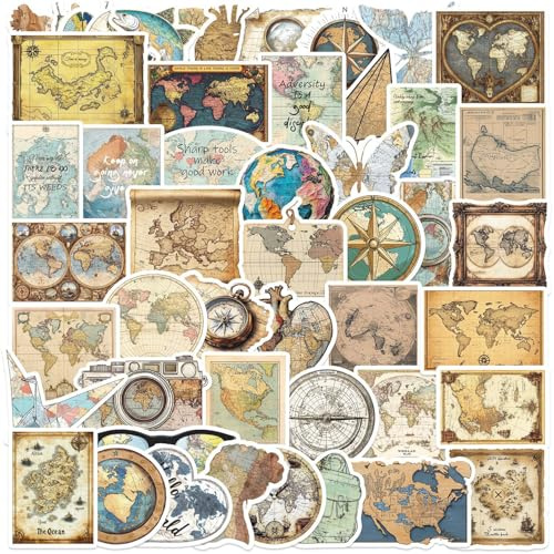 50Stück Weltkarte Aufkleber für Motorrad,Laptop,Fahrrad,Auto,Kühlschrank,Skateboard,Cartoon Vintage Map Wasserfeste Vinyl Sticker,Teenager Erwachsene Geschenk,Aesthetic Reise Graffiti Stickers