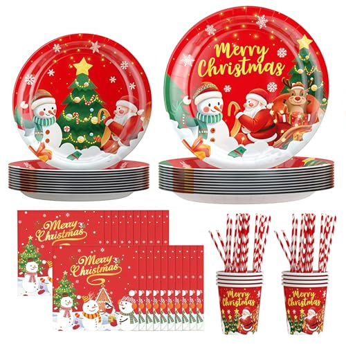 128 Piezas Navidad Vajilla de Fiesta,Vajilla de Navidad para 16 Personas, Navidads cubertería de cartón,vasos y servilletas, Pajitas,Tenedores Cuchillos Cucharas, Decoraciones de Fiesta de Navidads