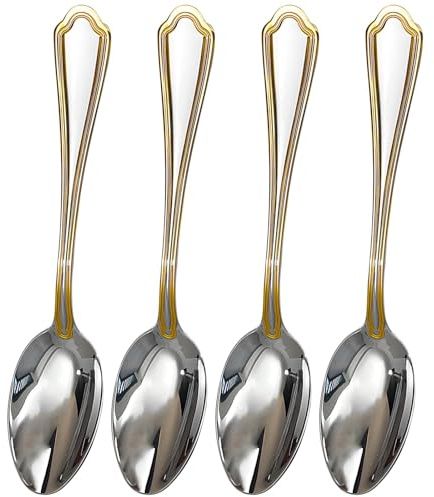 Juego de cubiertos de lujo de 4 piezas en acero inoxidable 304 con elegantes cucharas de servir recortadas en oro, cubiertos elegantes para cenas finas