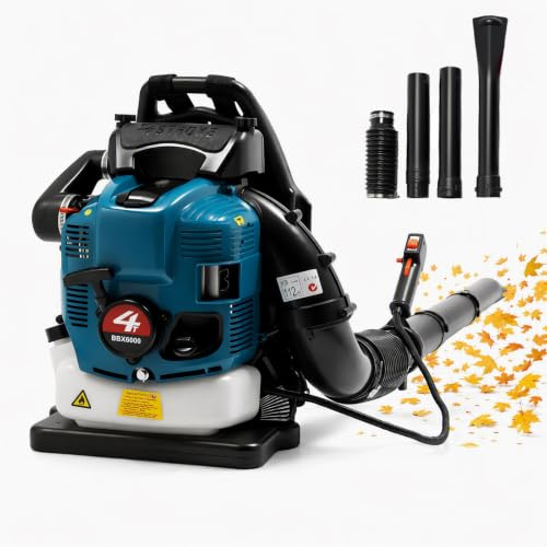 TCICOP 75,6 CC 4-Takt Benzin Laubbläser, Leaf Blower Rückenlaubbläser 2600W Seilzugstart Laubbläser Benzin Blau, Luftkühlung, Geeignet für Straßen und Baustellenreinigung