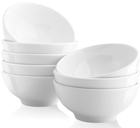 Jeffbaubl Müslischale 8er Set, 650ml Weißes Suppenschüssel Porzellan, Salatschüssel Keramik, Müslischüsseln für Frühstück Suppe Salat Ramen Dessert Obst, Weiß, 7 x 15 cm