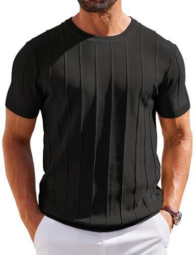 COOFANDY Maglietta Uomo Manica Corta T-Shirt Estive Leggero Magliette Lavorata a Maglia a Righe Magliette da Lavoro T Shirt Casual a Tinta Unita Nero L
